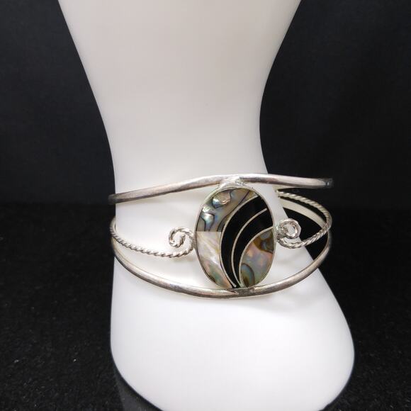 Alpaca Mexico Abalone Shell Cuff Bracelet Silver Tone 1970s Vintage Jewelry - Picture 2 of 10